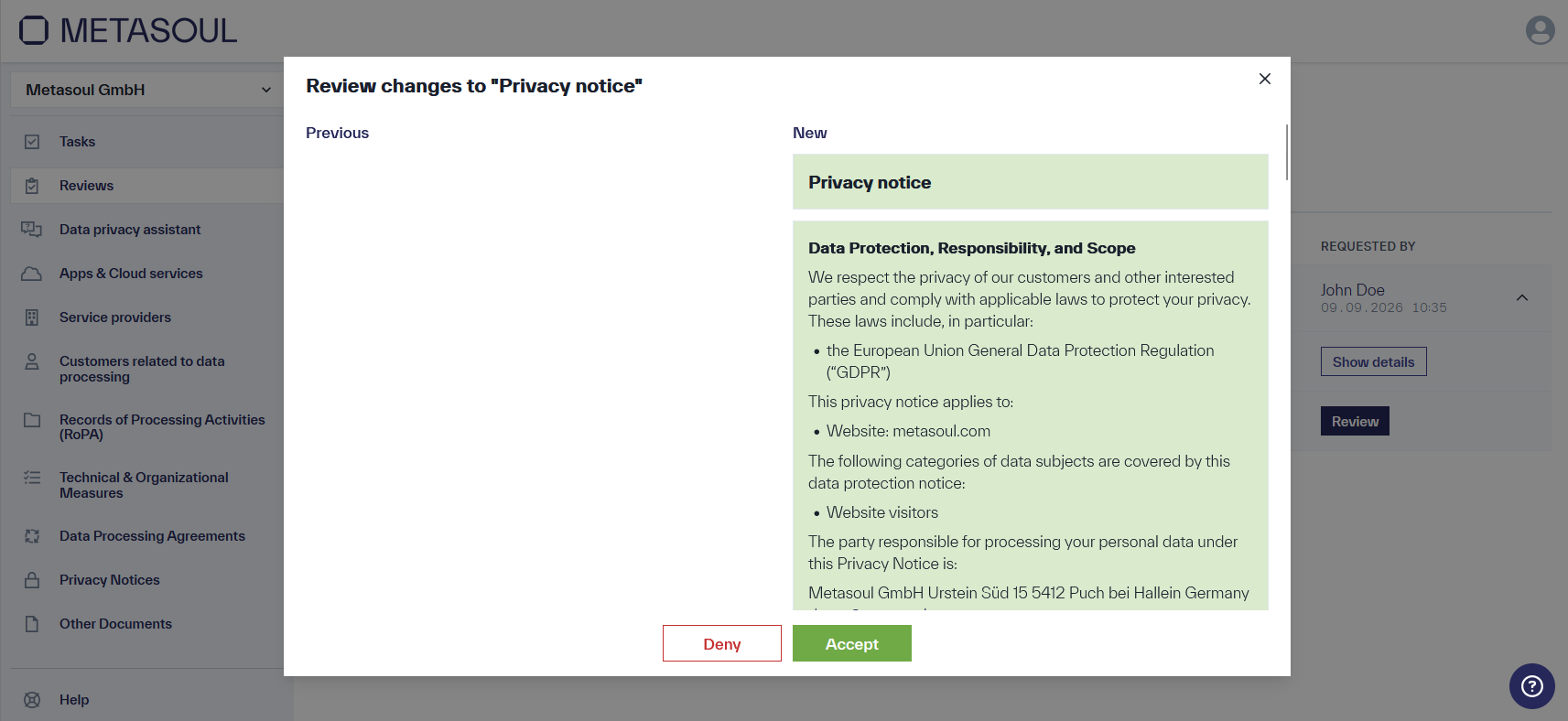 Pop-up window &ldquo;Review changes to &ldquo;Privacy notice&rdquo;&rdquo; with a side-by-side comparison of the &ldquo;Previous&rdquo; and &ldquo;New&rdquo; columns for the section &ldquo;Data Protection, Responsibility, and Scope,&rdquo; along with the &ldquo;Deny&rdquo; and &ldquo;Accept&rdquo; buttons.
