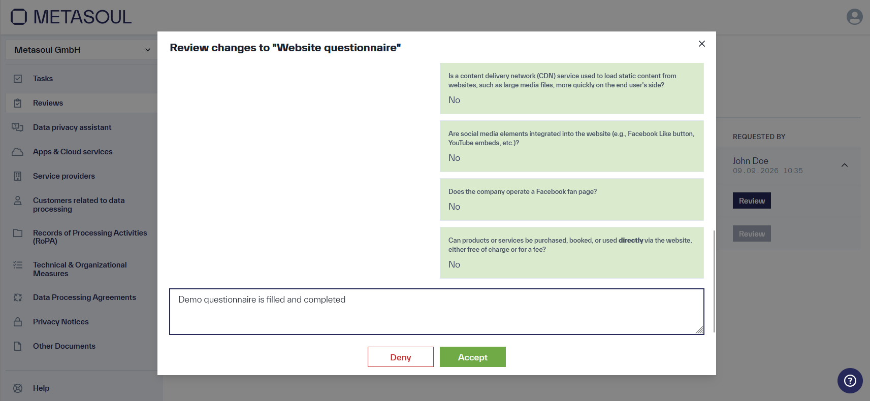 Pop-up window &ldquo;Review changes to &ldquo;Website questionnaire&rdquo;&rdquo; showing the changes made along with a comment field and the &ldquo;Deny&rdquo; and &ldquo;Accept&rdquo; buttons.