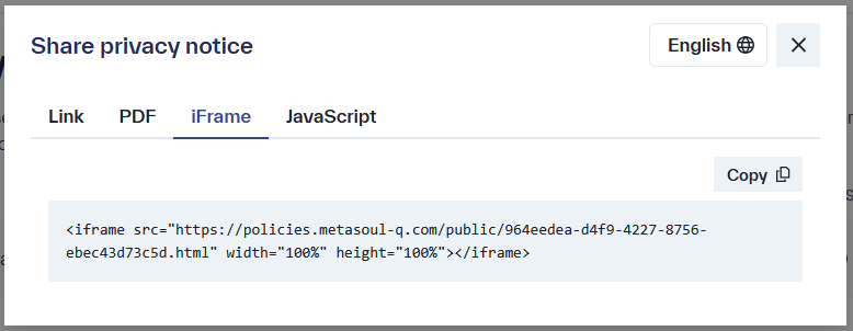 Menu displaying the tabs &ldquo;Link&rdquo;, &ldquo;PDF&rdquo;, &ldquo;iFrame&rdquo;, and &ldquo;JavaScript&rdquo;, beneath which the HTML code is shown along with an option to copy it.