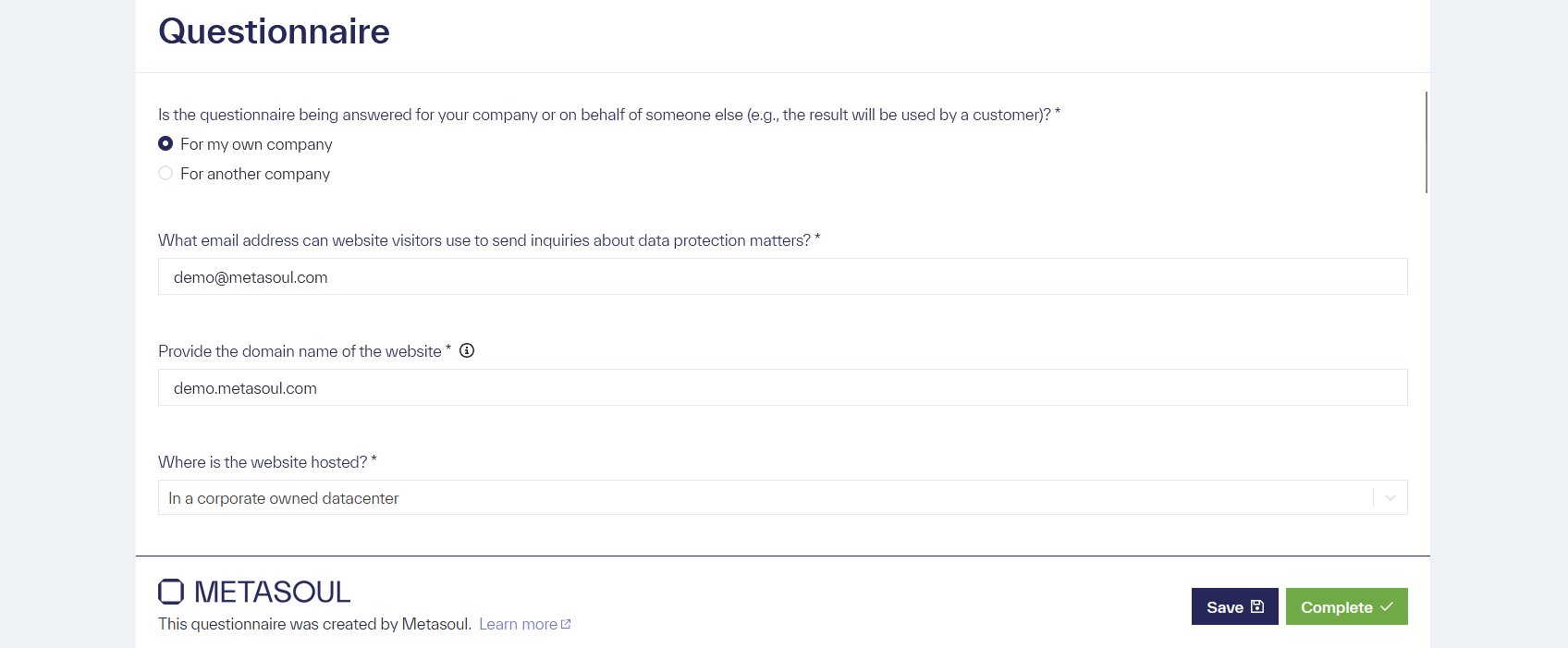 The Metasoul questionnaire includes the options &ldquo;Save&rdquo; and &ldquo;Complete.&rdquo;