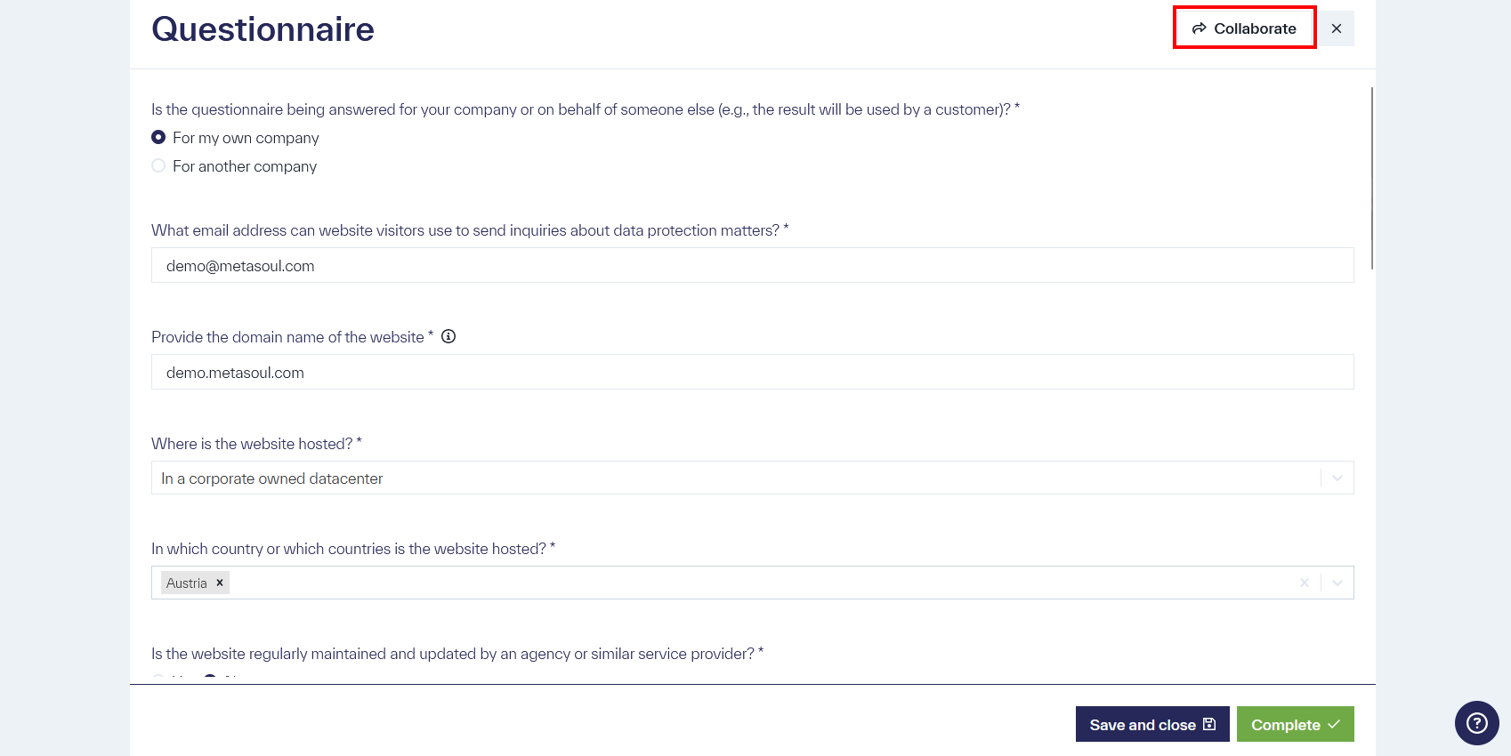 The questionnaire displays the highlighted &ldquo;↱ Collaborate&rdquo; option in the upper-right area. The &ldquo;Save and Close&rdquo; and &ldquo;Done&rdquo; options are located at the bottom.