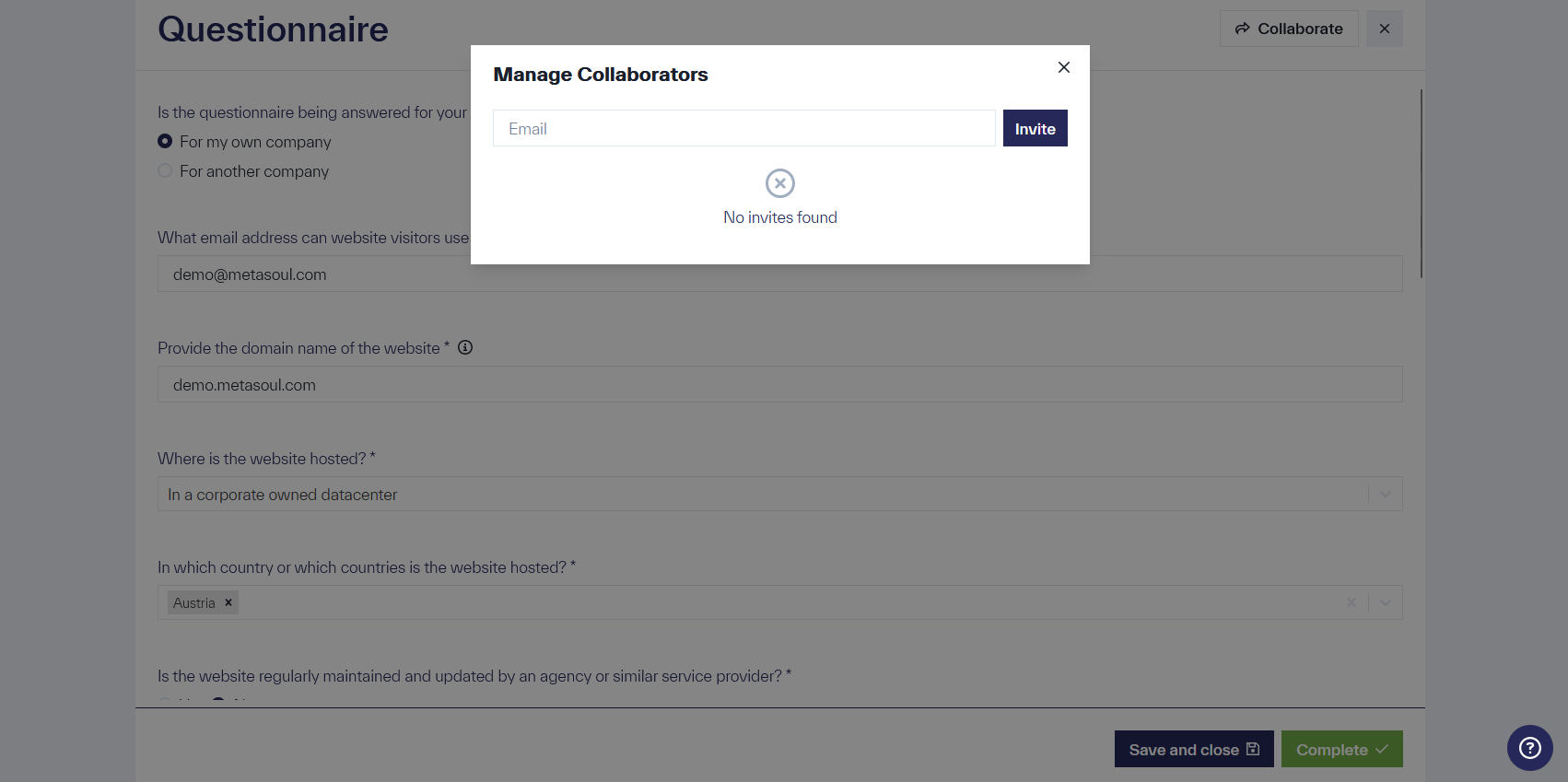 A window titled &ldquo;Manage Collaborators&rdquo; contains the &ldquo;Invite&rdquo; option and an &ldquo;Email&rdquo; input field.