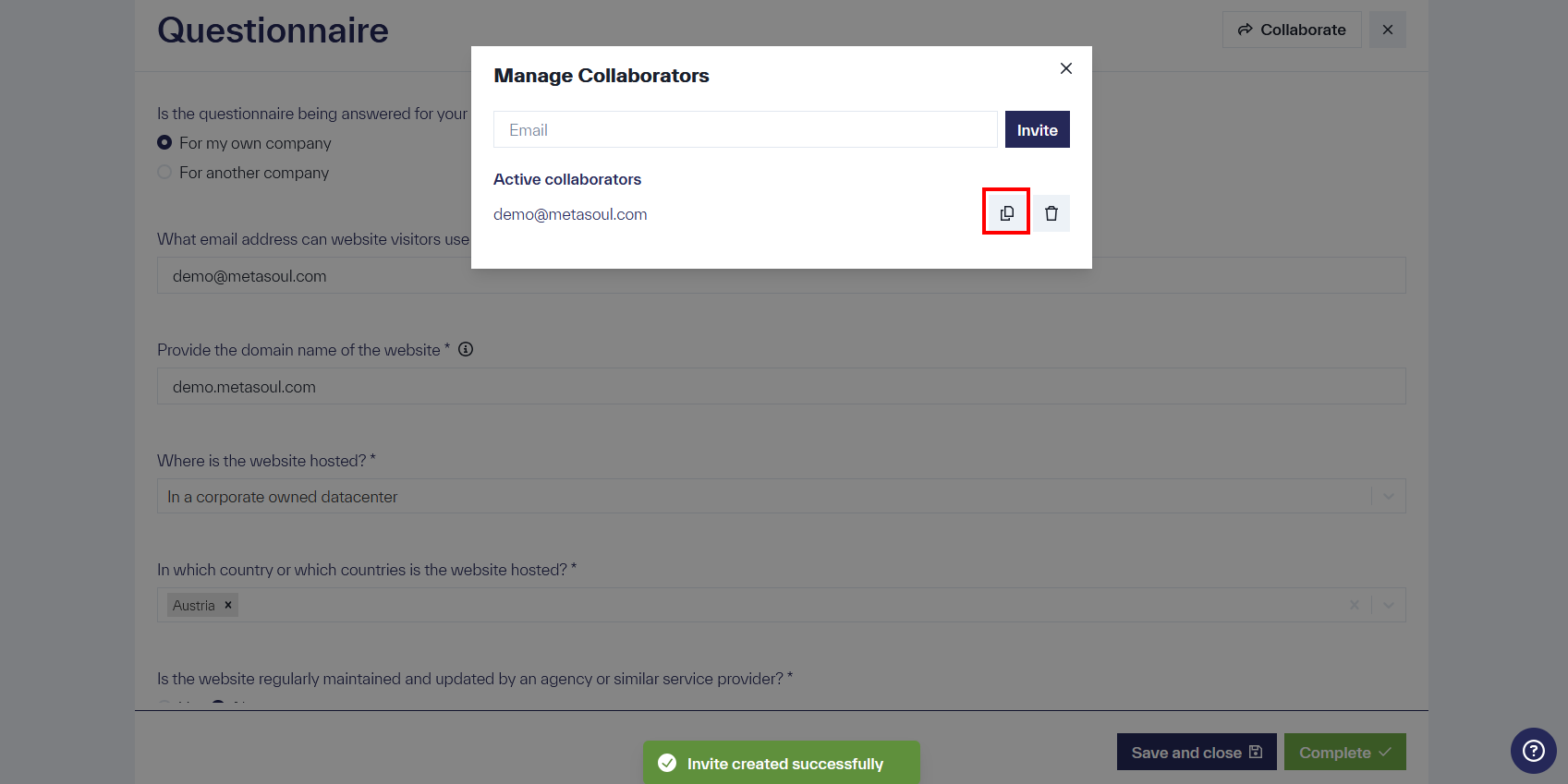 The &ldquo;Manage Collaborators&rdquo; window also lists under &ldquo;Active Participants&rdquo; the entry &ldquo;demo@metasoul.com&rdquo; with options to delete or copy.