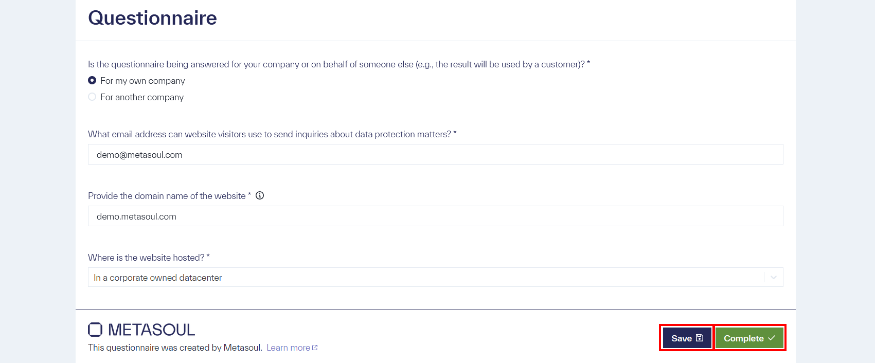 The Metasoul questionnaire includes the options &ldquo;Save&rdquo; and &ldquo;Complete.&rdquo;