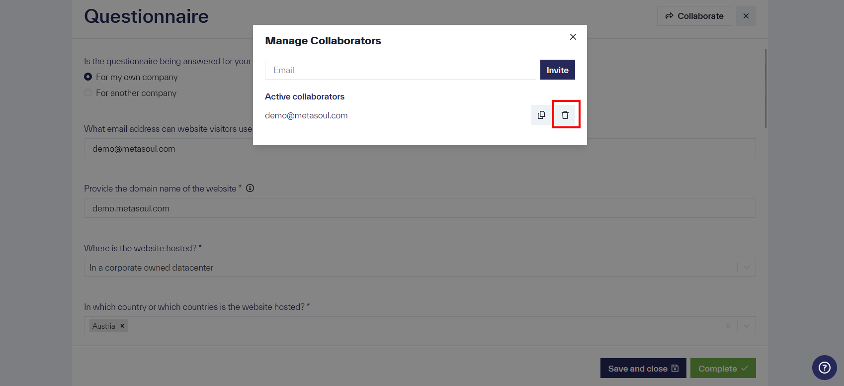 The &ldquo;Manage Participants&rdquo; window also lists under &ldquo;Active Participants&rdquo; the entry &ldquo;demo@metasoul.com&rdquo; with options to delete or copy.