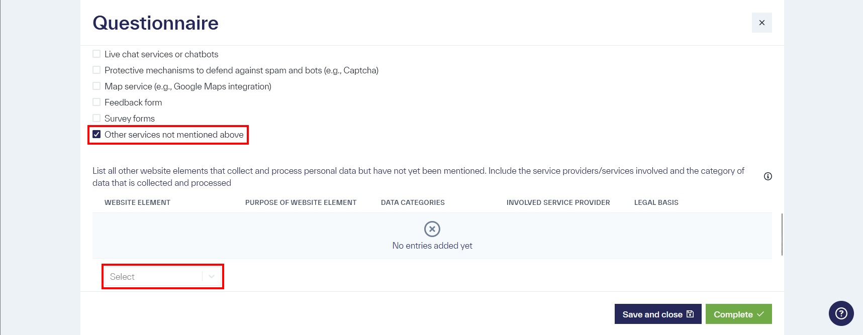 In the questionnaire, the option &ldquo;Other services not previously mentioned&rdquo; is selected, and below it is a table with the columns: &ldquo;Website Element,&rdquo; &ldquo;Purpose of the Website Element,&rdquo; &ldquo;Data Categories,&rdquo; &ldquo;Involved Service Providers,&rdquo; and &ldquo;Legal Basis.&rdquo;