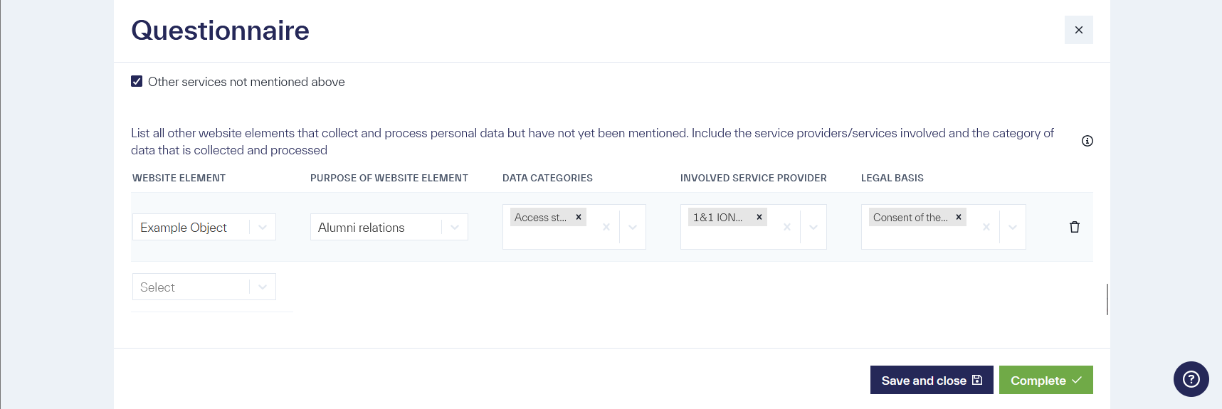 The table displays an entry with the example value &ldquo;Test_Object&rdquo; as a website element, with the columns &ldquo;Purpose of the Website Element,&rdquo; &ldquo;Data Categories,&rdquo; &ldquo;Involved Service Providers,&rdquo; and &ldquo;Legal Basis&rdquo; set to &ldquo;Customer Support,&rdquo; &ldquo;Email Address,&rdquo; &ldquo;Adobe Inc.,&rdquo; and &ldquo;Legitimate Interest,&rdquo; respectively.