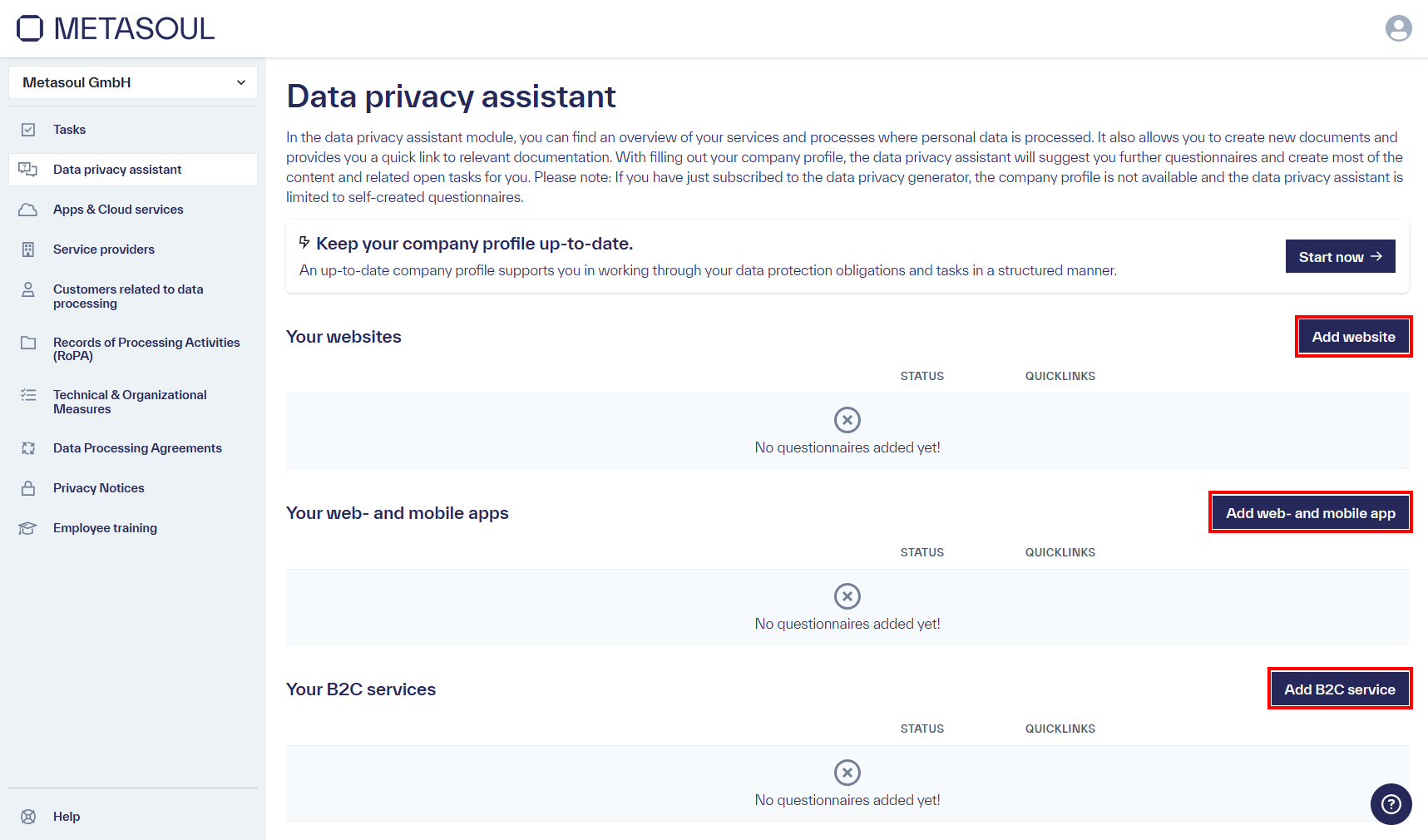 Three fields, each containing a button for creating privacy notices for the following categories: &ldquo;Website,&rdquo; &ldquo;Mobile App,&rdquo; and &ldquo;B2C Service.&rdquo;