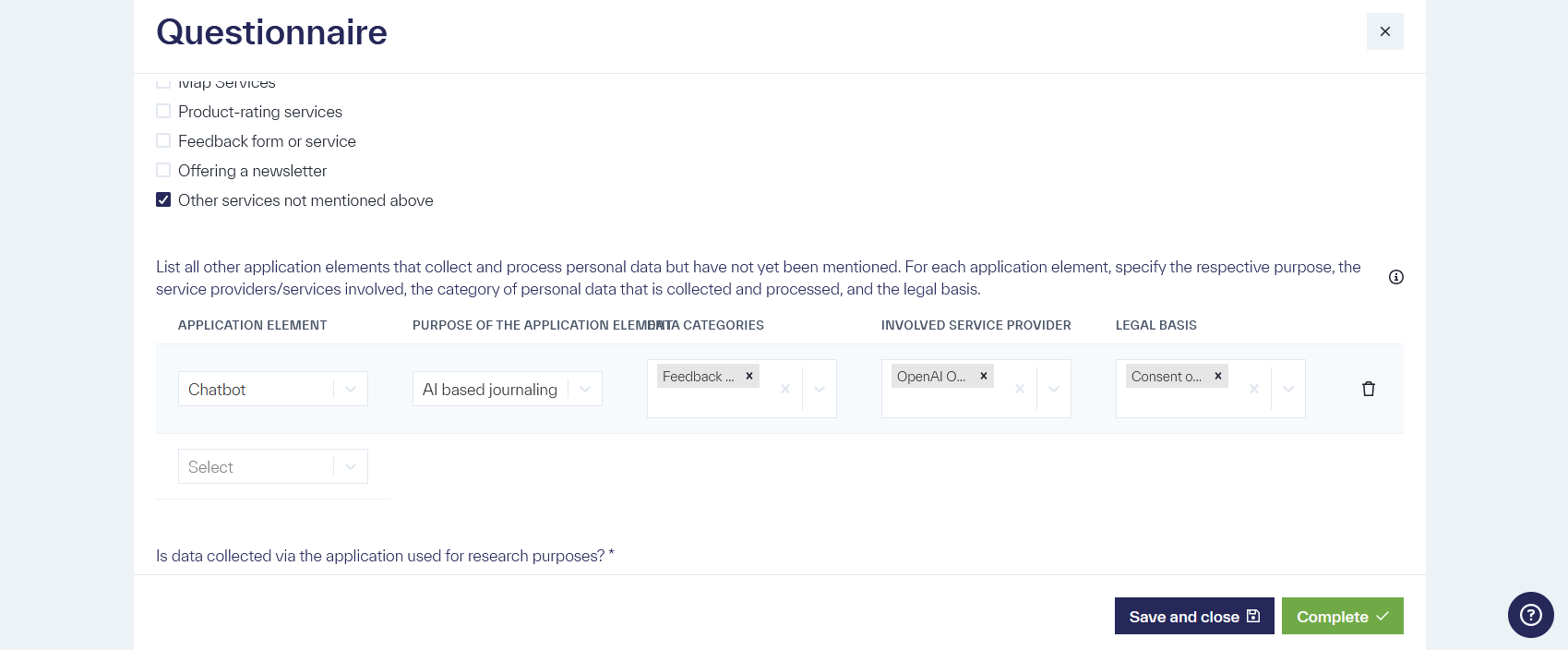 The table displays an entry with the example value &ldquo;Chatbot&rdquo; as a website element, with the columns &ldquo;Application Element&rdquo; &ldquo;Purpose of the Application Element,&rdquo; &ldquo;Data Categories,&rdquo; &ldquo;Involved Service Providers,&rdquo; and &ldquo;Legal Basis&rdquo;.